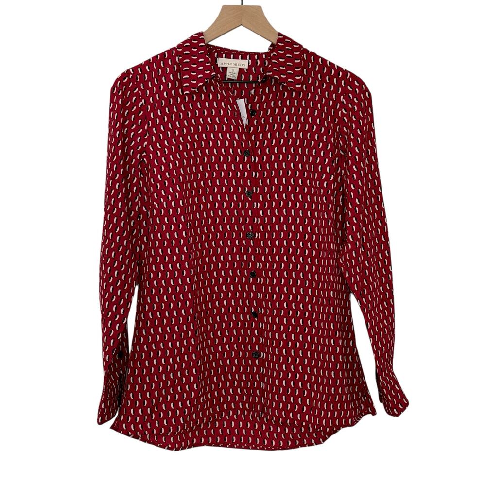 Appleseed's Penguin Print Blouse Womens Small Red‎ Button Shirt Novelty Winter